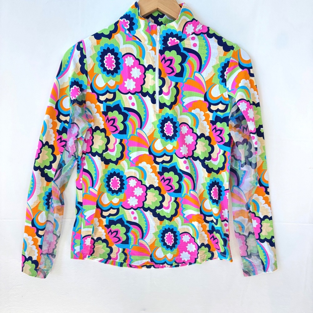 IBKUL Womens Long Sleeve Quarter Zip Performance Mesh Floral Sun Shirt Small